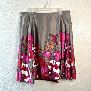 Lane Bryant Gray Pink Red Orange Floral Bold Print Midi Casual Chic Skirt 16